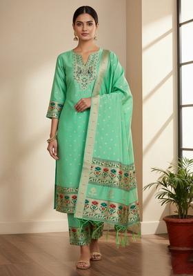 Lime Green Embroidery Silk Kurta Set