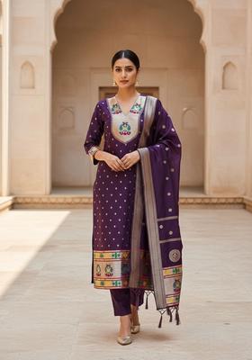 Wine Embroidery Silk Kurta Set
