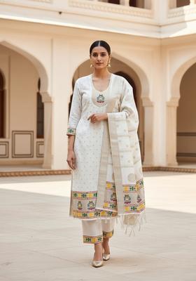 White Embroidery Silk Kurta Set