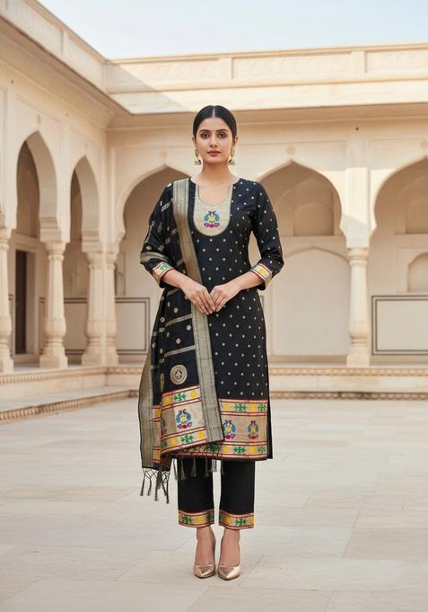 Black Embroidery Silk Kurta Set