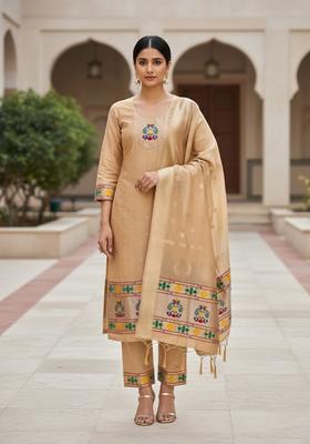 Beige Embroidery Silk Kurta Set