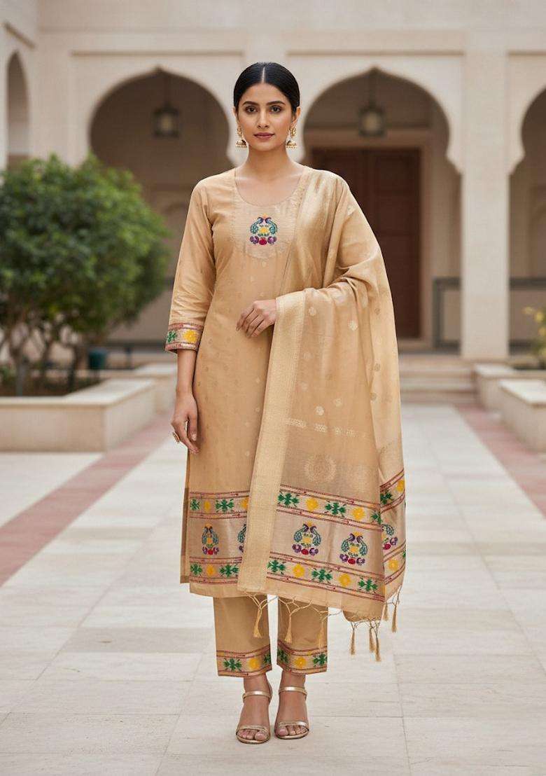 Beige Embroidery Silk Kurta Set - Indya