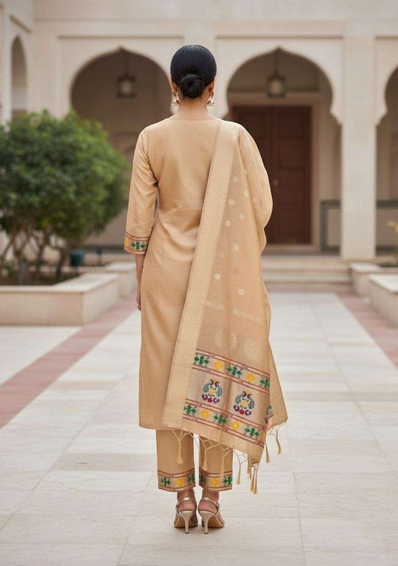 Beige Embroidery Silk Kurta Set - Indya