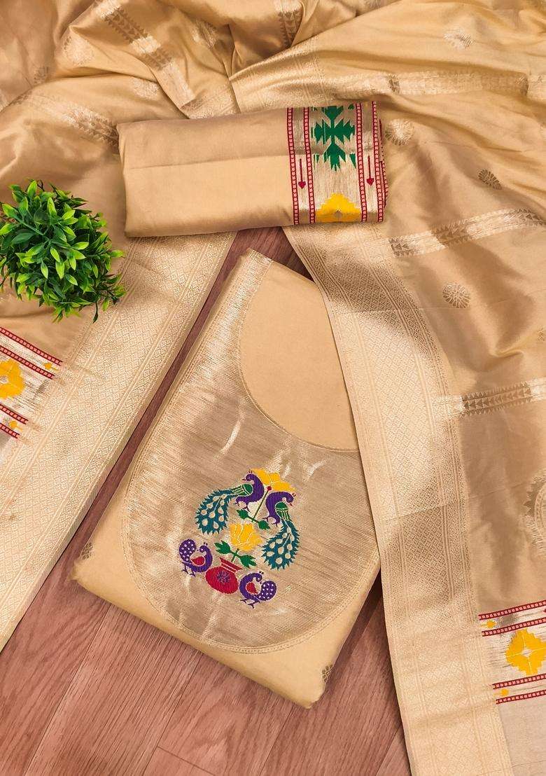 Beige Embroidery Silk Kurta Set - Indya