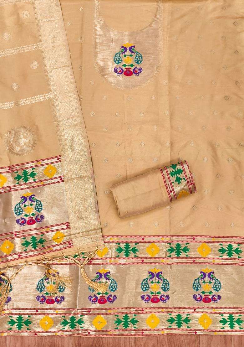 Beige Embroidery Silk Kurta Set - Indya