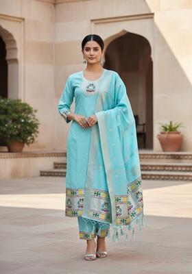 Navy Blue Embroidery Silk Kurta Set