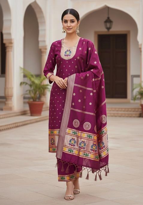 Maroon Embroidery Silk Kurta Set