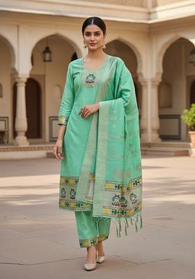 Lime Green Embroidery Silk Kurta Set