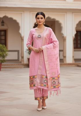 Pink Embroidery Silk Kurta Set