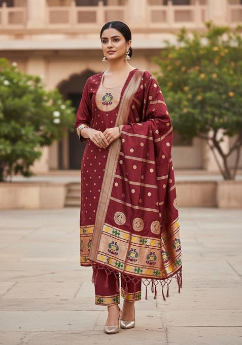 Red Embroidery Silk Kurta Set