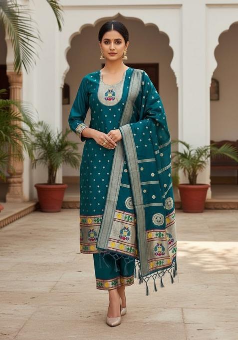 Teal Embroidery Silk Kurta Set