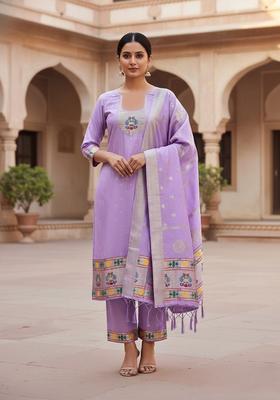 Lavender Embroidery Silk Kurta Set