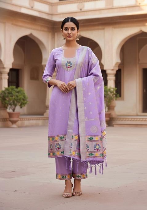 Lavender Embroidery Silk Kurta Set