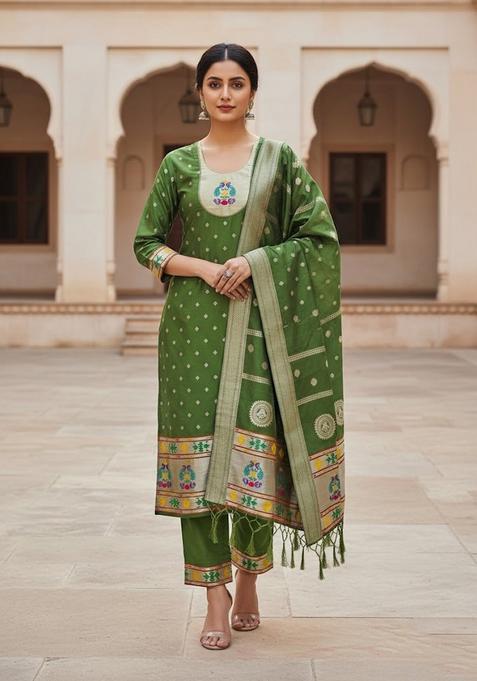 Mustard Embroidery Silk Kurta Set