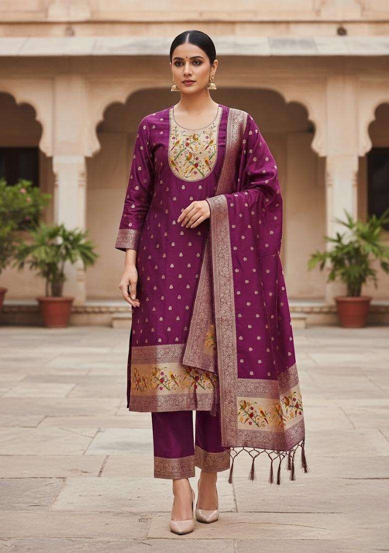 Magenta Embroidery Silk Kurta Set - Indya