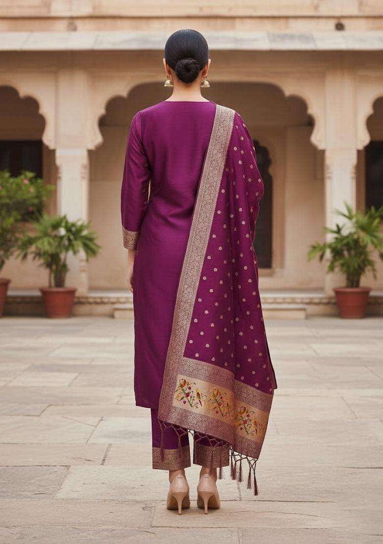 Magenta Embroidery Silk Kurta Set - Indya