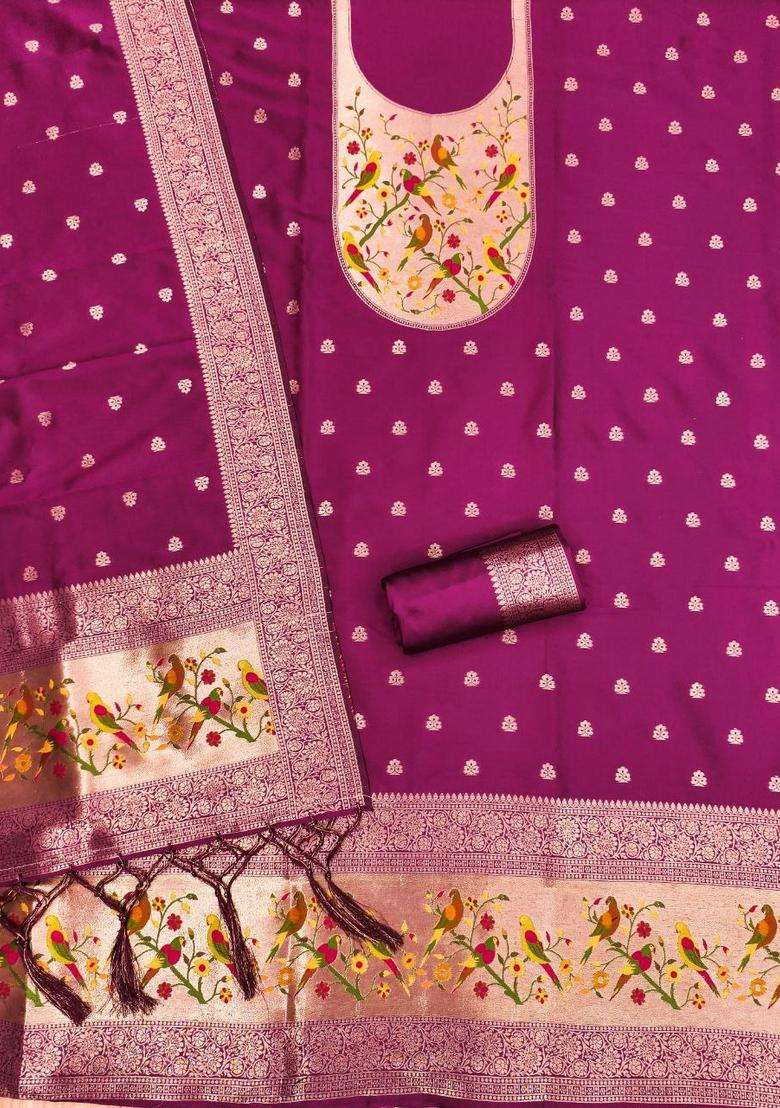 Magenta Embroidery Silk Kurta Set - Indya