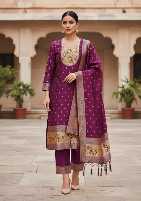 Magenta Embroidery Silk Kurta Set