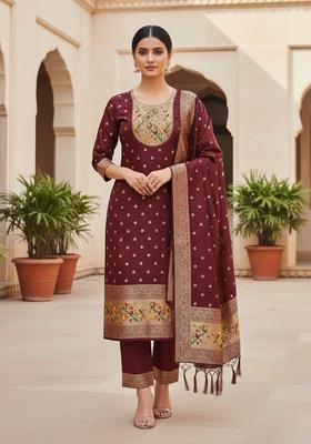 Maroon Embroidery Silk Kurta Set