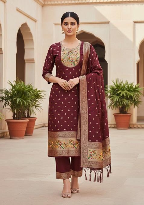 Maroon Embroidery Silk Kurta Set