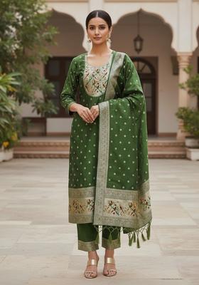 Mint Green Embroidery Silk Kurta Set