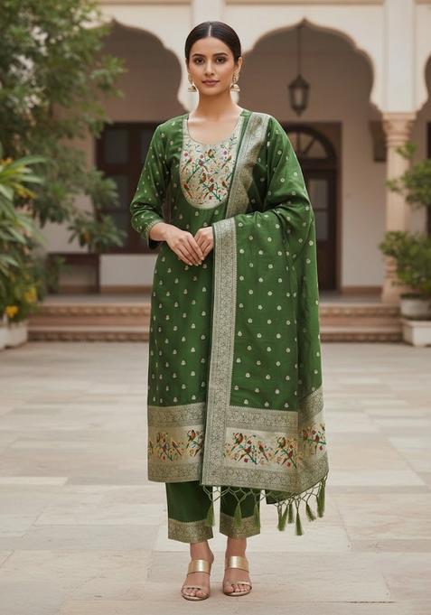 Mint Green Embroidery Silk Kurta Set