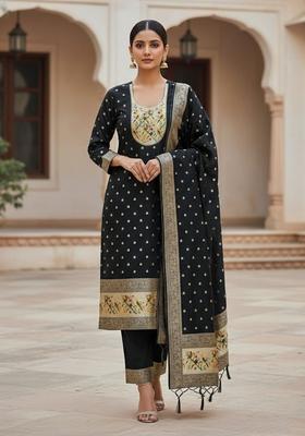 Black Embroidery Silk Kurta Set