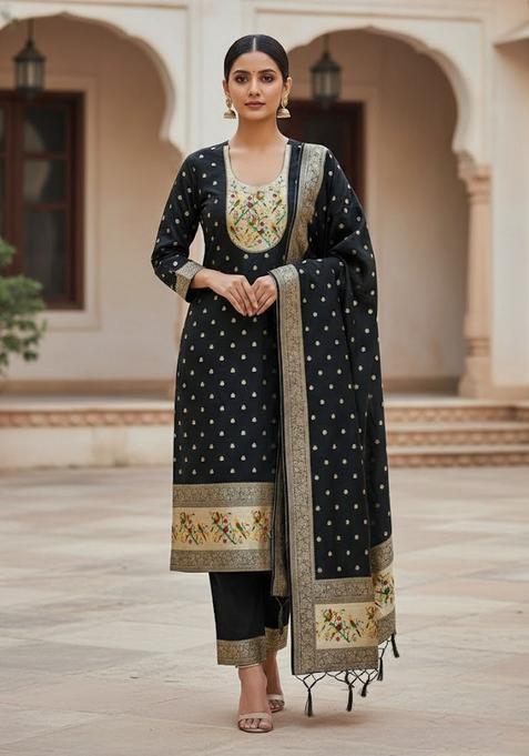 Black Embroidery Silk Kurta Set
