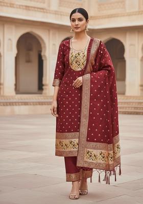 Red Embroidery Silk Kurta Set
