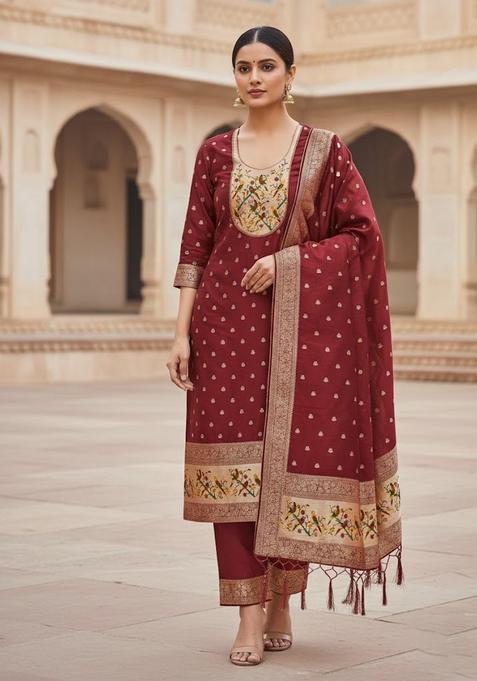 Red Embroidery Silk Kurta Set