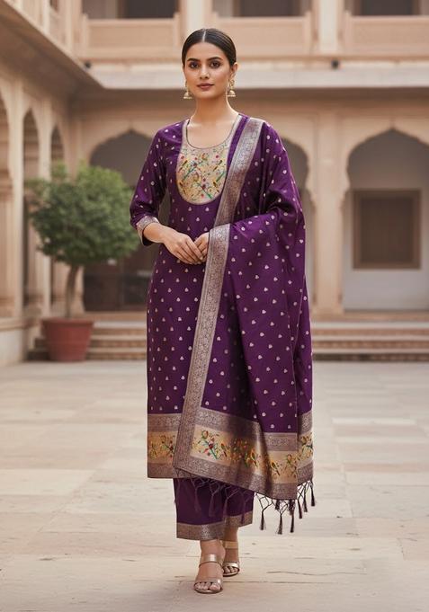Purple Embroidery Silk Kurta Set