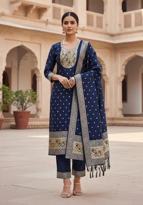 Navy Blue Embroidery Silk Kurta Set