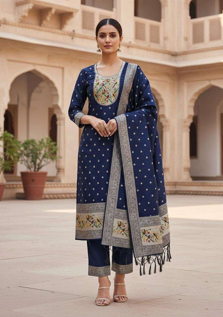Navy Blue Embroidery Silk Kurta Set - Indya