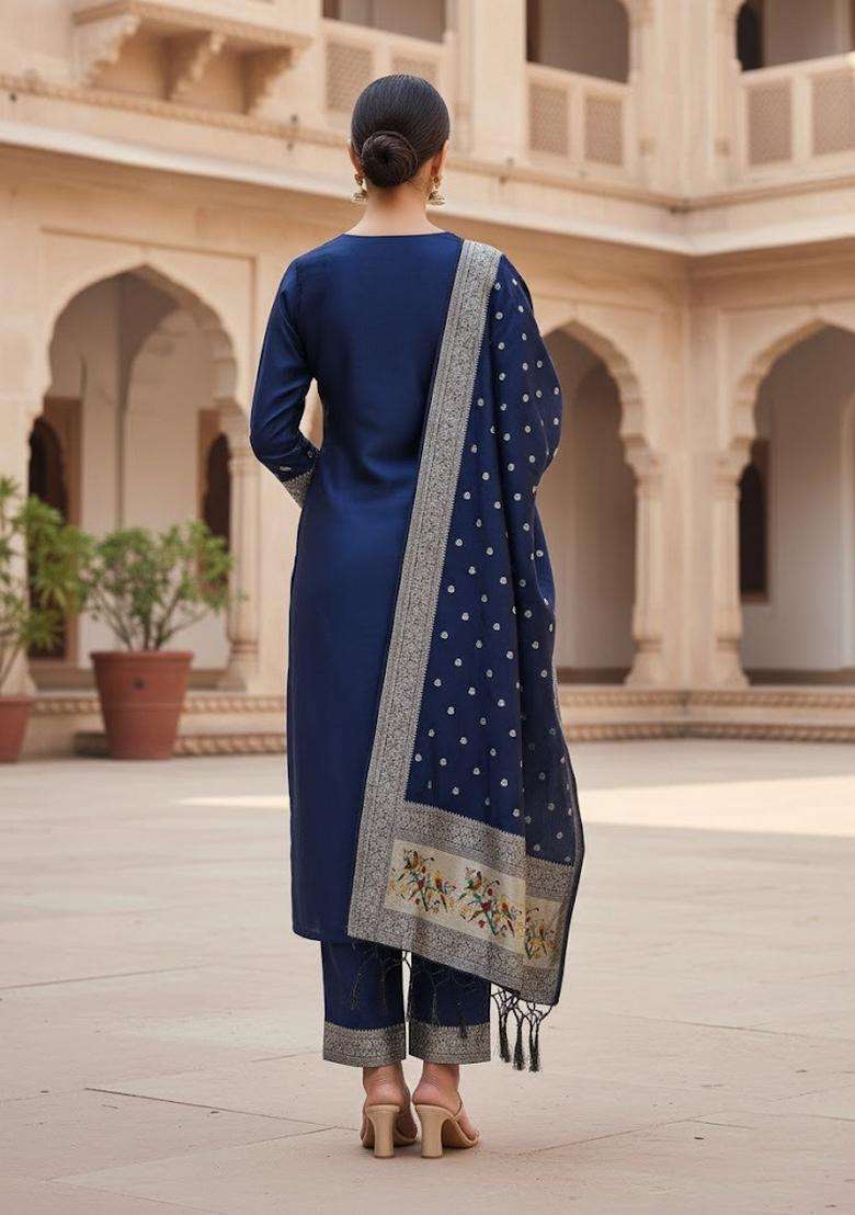 Navy Blue Embroidery Silk Kurta Set - Indya