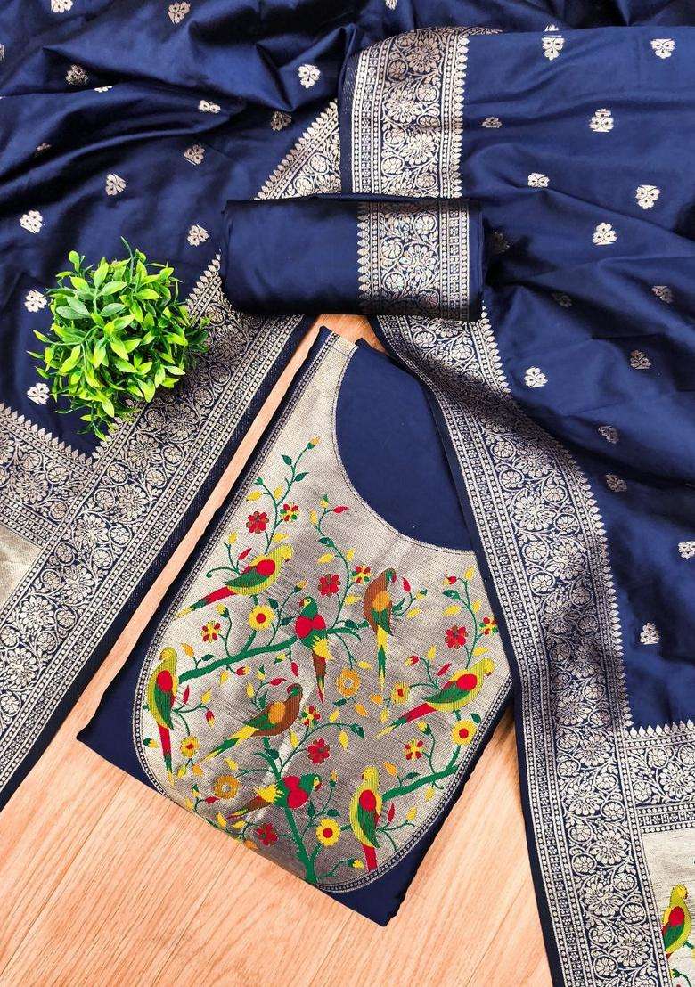Navy Blue Embroidery Silk Kurta Set - Indya