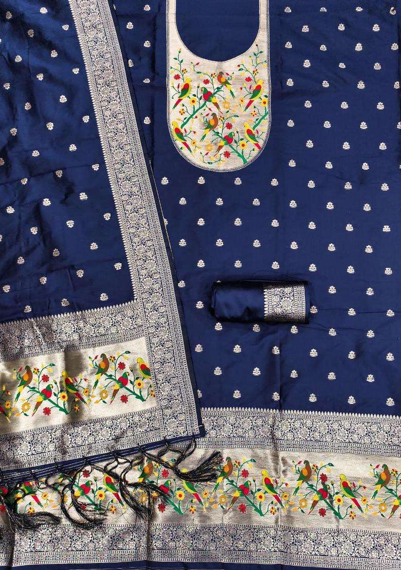 Navy Blue Embroidery Silk Kurta Set - Indya
