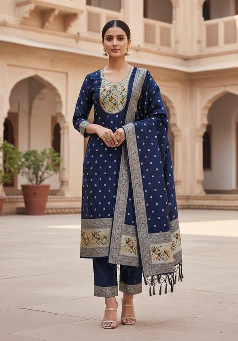 Navy Blue Embroidery Silk Kurta Set