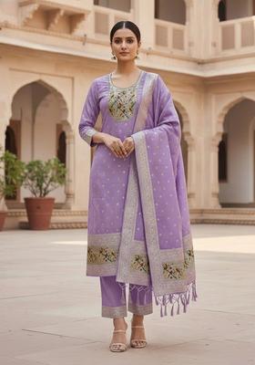 Lavender Embroidery Silk Kurta Set
