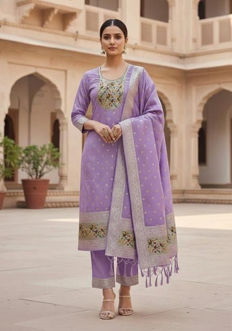 Lavender Embroidery Silk Kurta Set