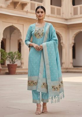 Light Blue Embroidery Silk Kurta Set