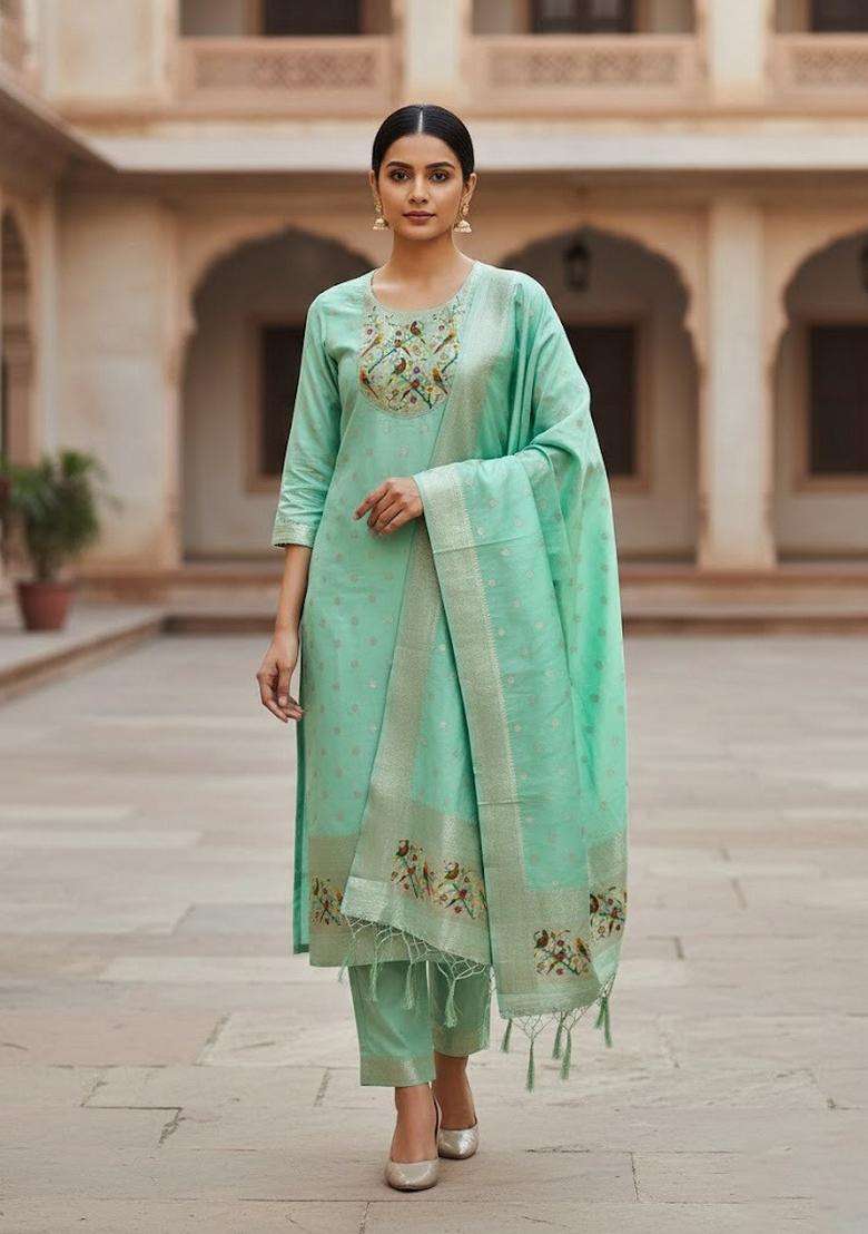 Lime Green Embroidery Silk Kurta Set - Indya