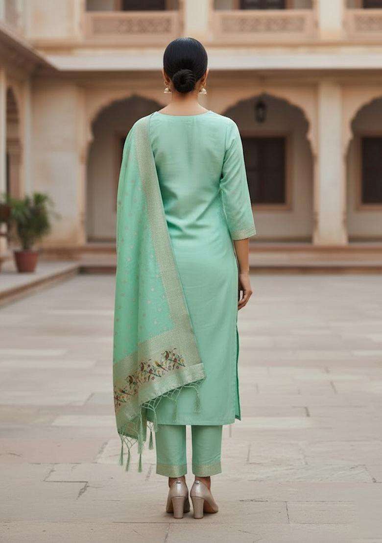 Lime Green Embroidery Silk Kurta Set - Indya
