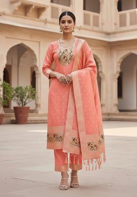 Peach Embroidery Silk Kurta Set