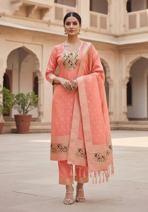 Peach Embroidery Silk Kurta Set