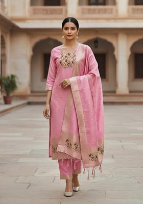 Pink Embroidery Silk Kurta Set