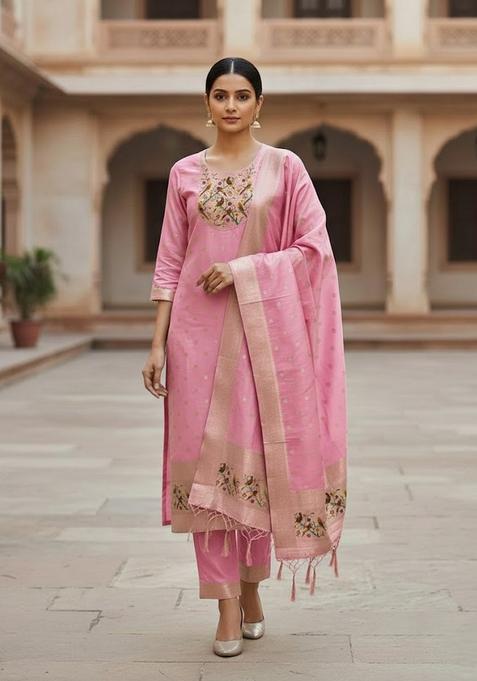 Pink Embroidery Silk Kurta Set