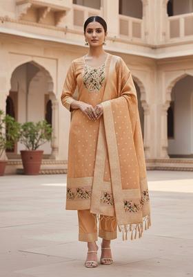 Beige Embroidery Silk Kurta Set