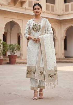 White Embroidery Silk Kurta Set