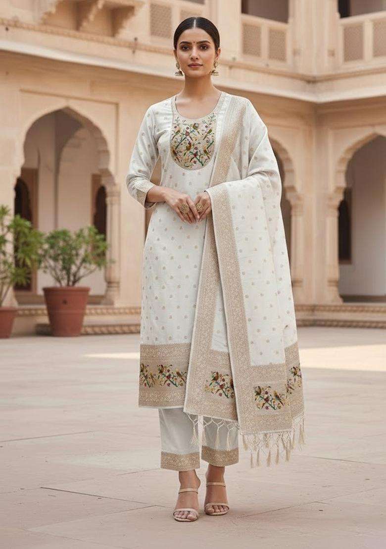 White Embroidery Silk Kurta Set - Indya