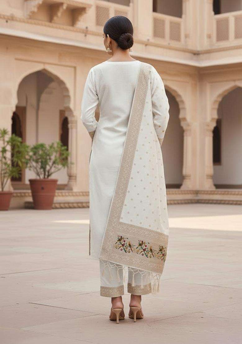 White Embroidery Silk Kurta Set - Indya